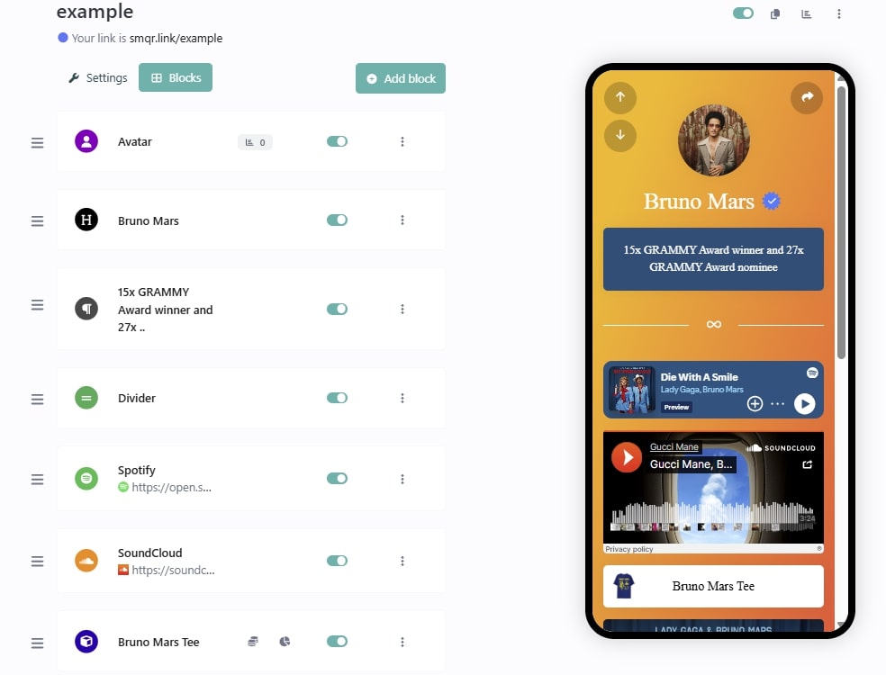 Screenshot of the app biolink editing page