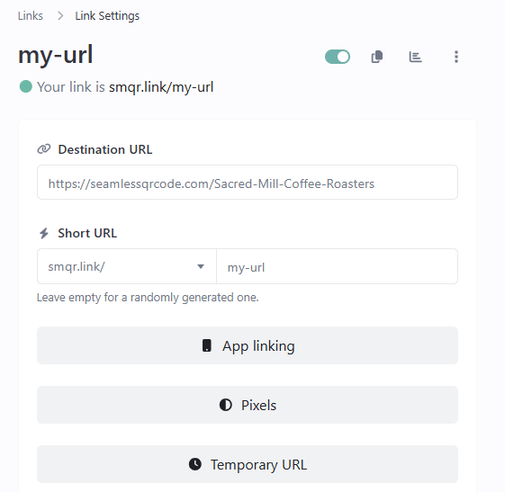 Screenshot of the app short URL editing page